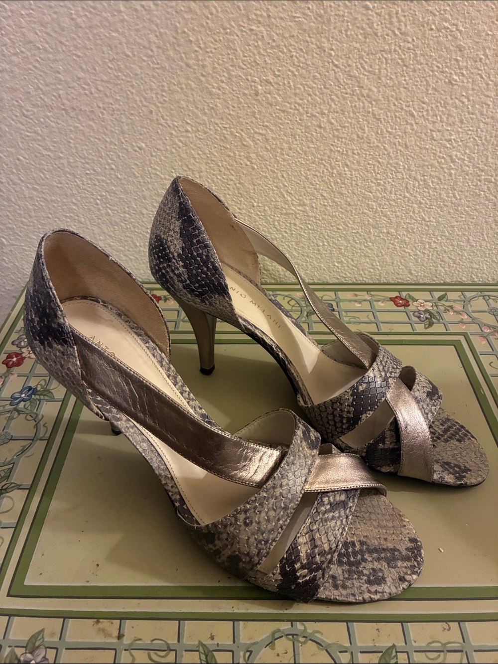 ANTONIO MELANI Silver and Gray Snake-Print Open-Toe Heels